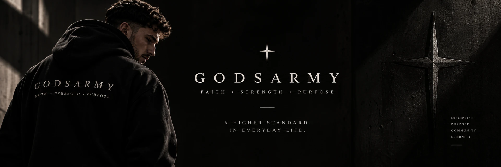GODSARMY campaign featuring the black hoodie and cross emblem